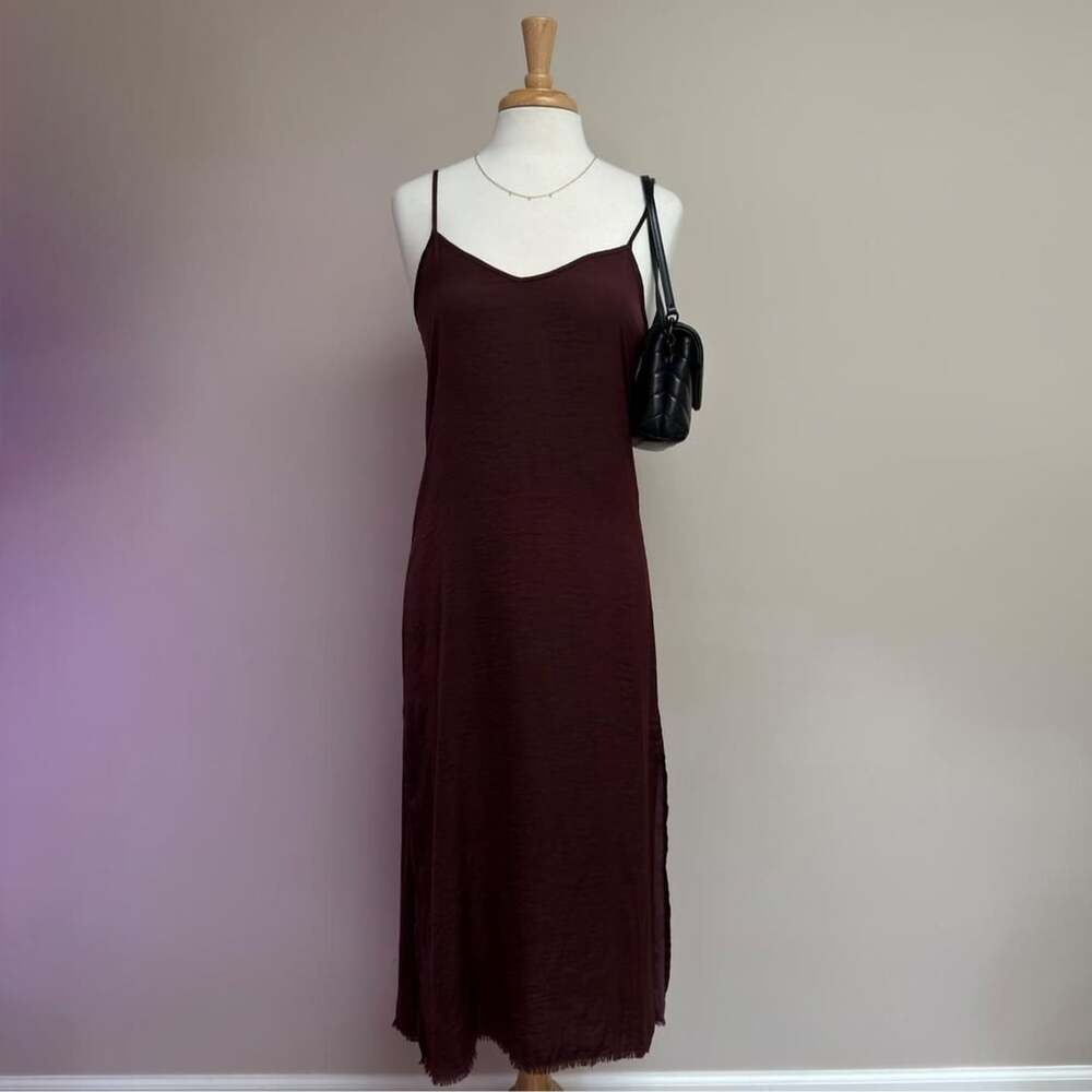 Aerie Crinkle Slip Dress Small Burgundy Midi Raw Hem